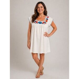 Umgee Womens White Floral Embroidered Scalloped Cap Sleeve Shift Dress M3094 L